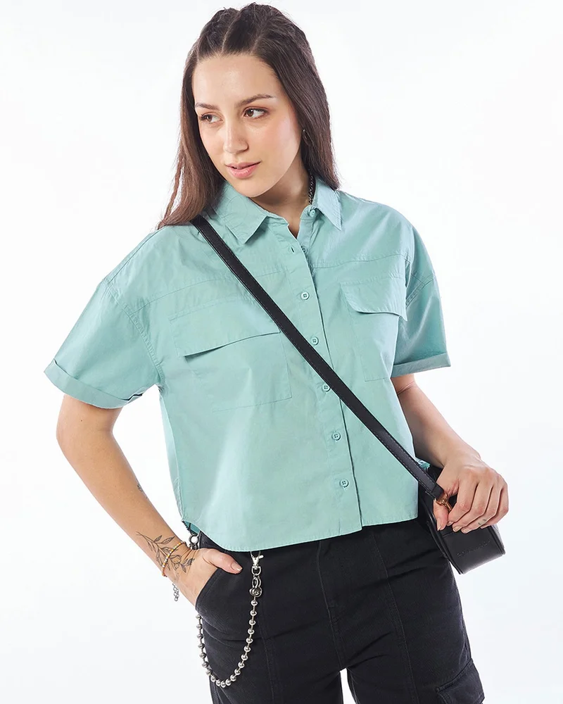 bewakoof Women's Pale Sky Blue Oversized Crop Shirt